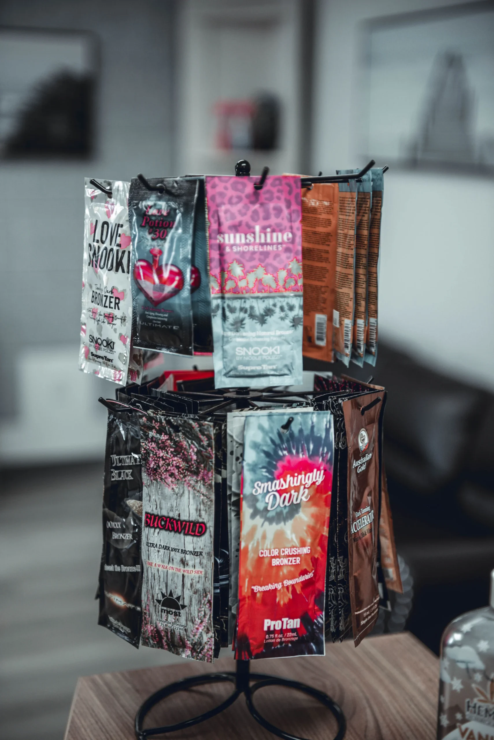 Allison's Oasis. Tanning bronzer display at Allison's Oasis location in Bruderheim, AB